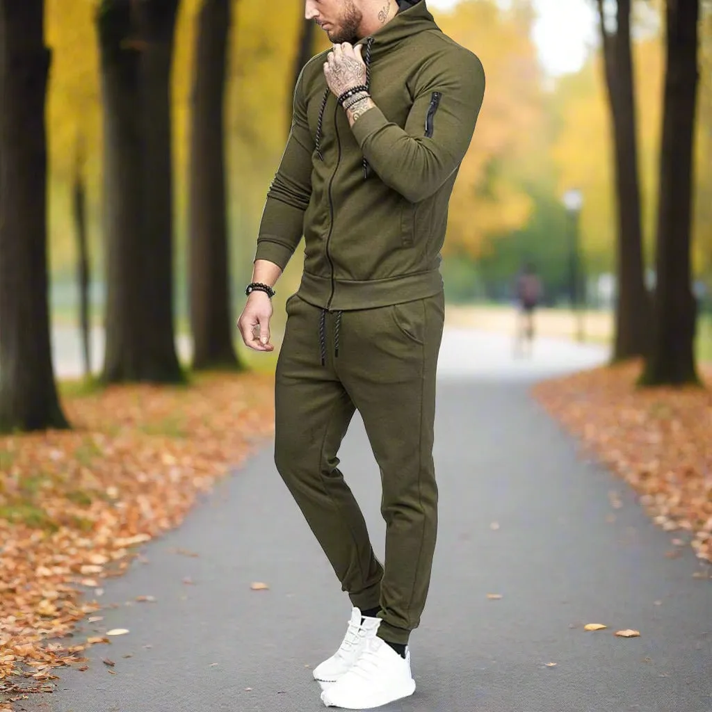 Men Zip Arm Pocket Hoodie & Side Slant Pocket Jogger Pants Sports Set