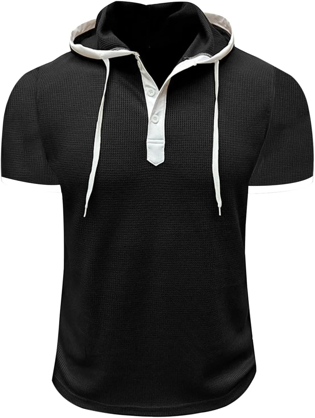 Mens Waffle Hoodie Shirts Short Sleeve Workout Gym Sweatshirt Muscle Fit Fashion Athletic Hood Pullover Cotton Hooded Tshirt