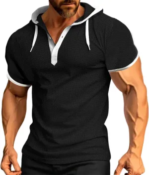 Mens Waffle Hoodie Shirts Short Sleeve Workout Gym Sweatshirt Muscle Fit Fashion Athletic Hood Pullover Cotton Hooded Tshirt
