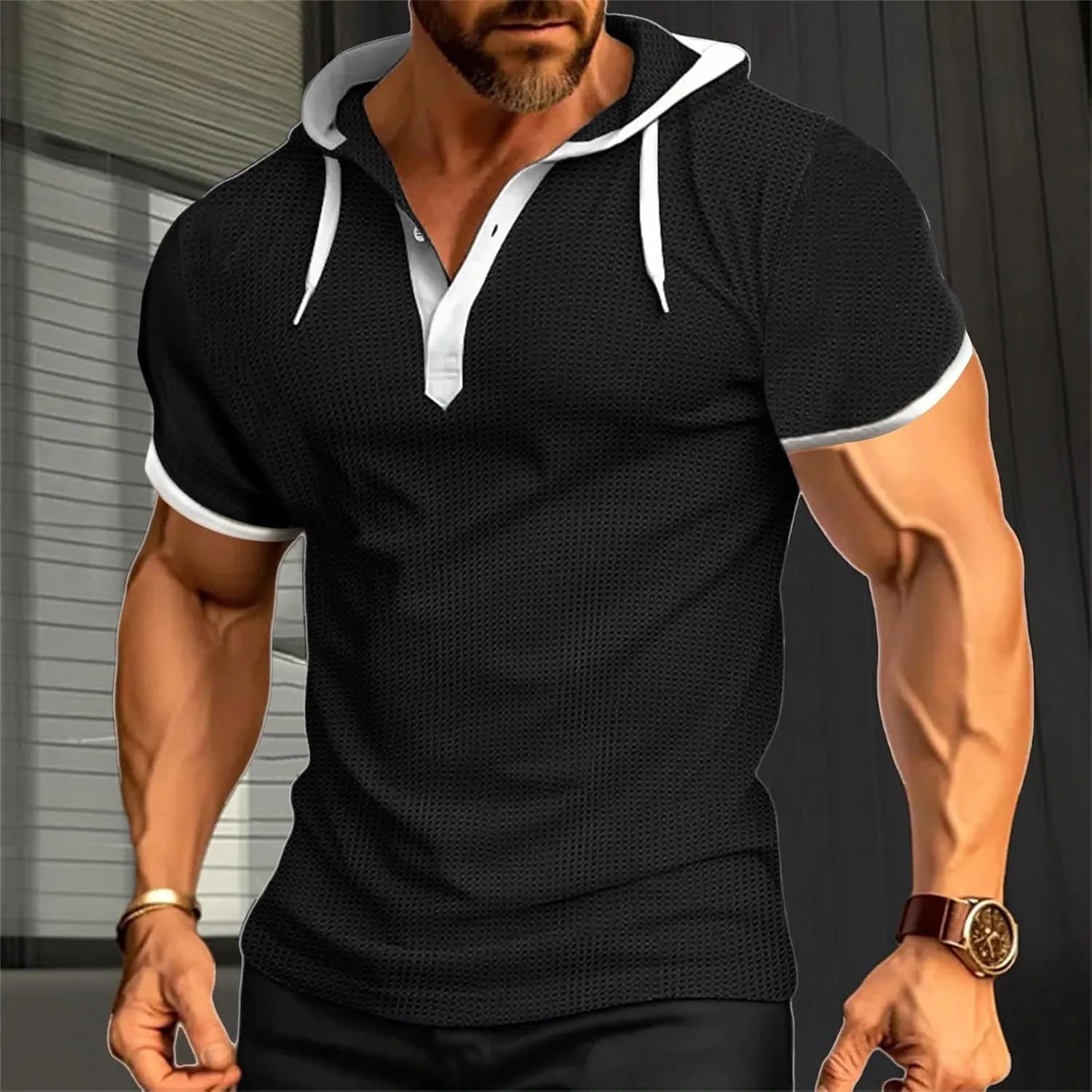 Mens Waffle Hoodie Shirts Short Sleeve Workout Gym Sweatshirt Muscle Fit Fashion Athletic Hood Pullover Cotton Hooded Tshirt