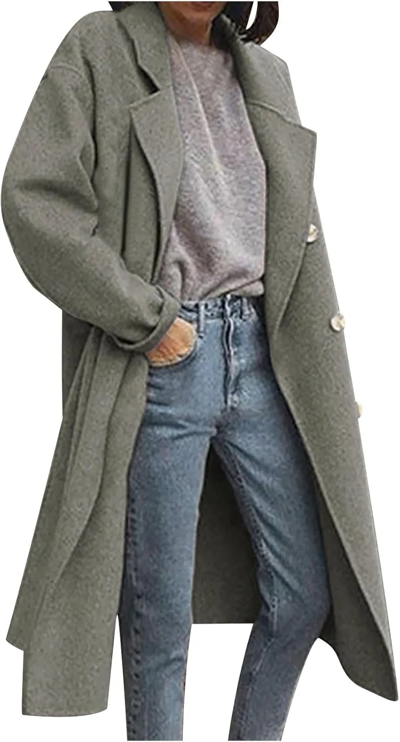 Pea Coats for Women Winter Wool Blend Jackets Notch Lapel Single Breasted Trench Coats Long Jackets for Women Trendy