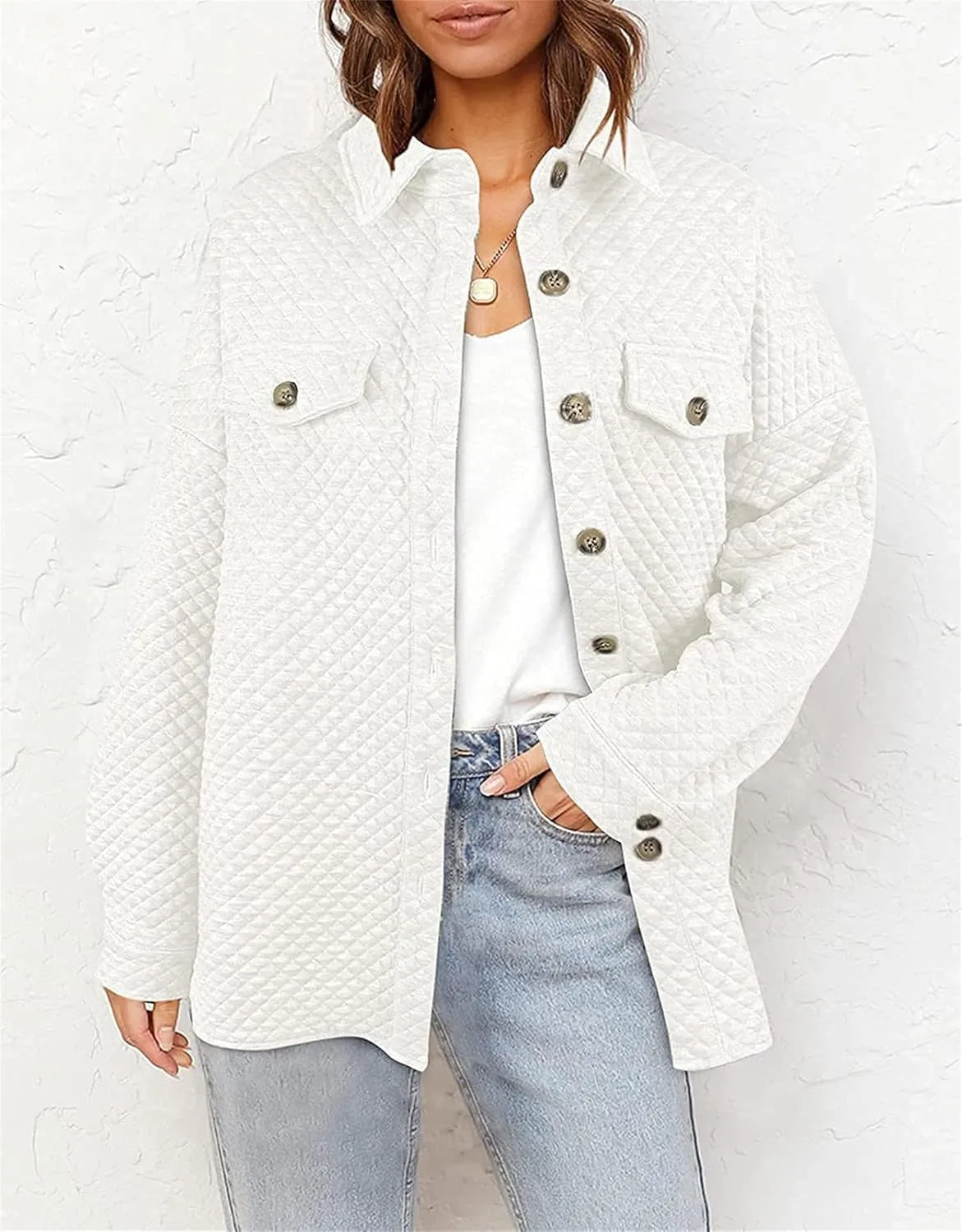 Smoneyful Womens Quilted Lightweight Jackets Casual Long Sleeve Shirts Button Down Loose Fit Coat Lapel Fall Jackets Outwear