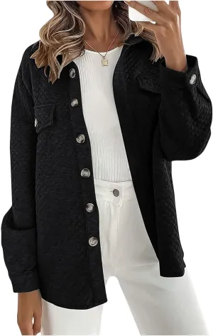 Smoneyful Womens Quilted Lightweight Jackets Casual Long Sleeve Shirts Button Down Loose Fit Coat Lapel Fall Jackets Outwear
