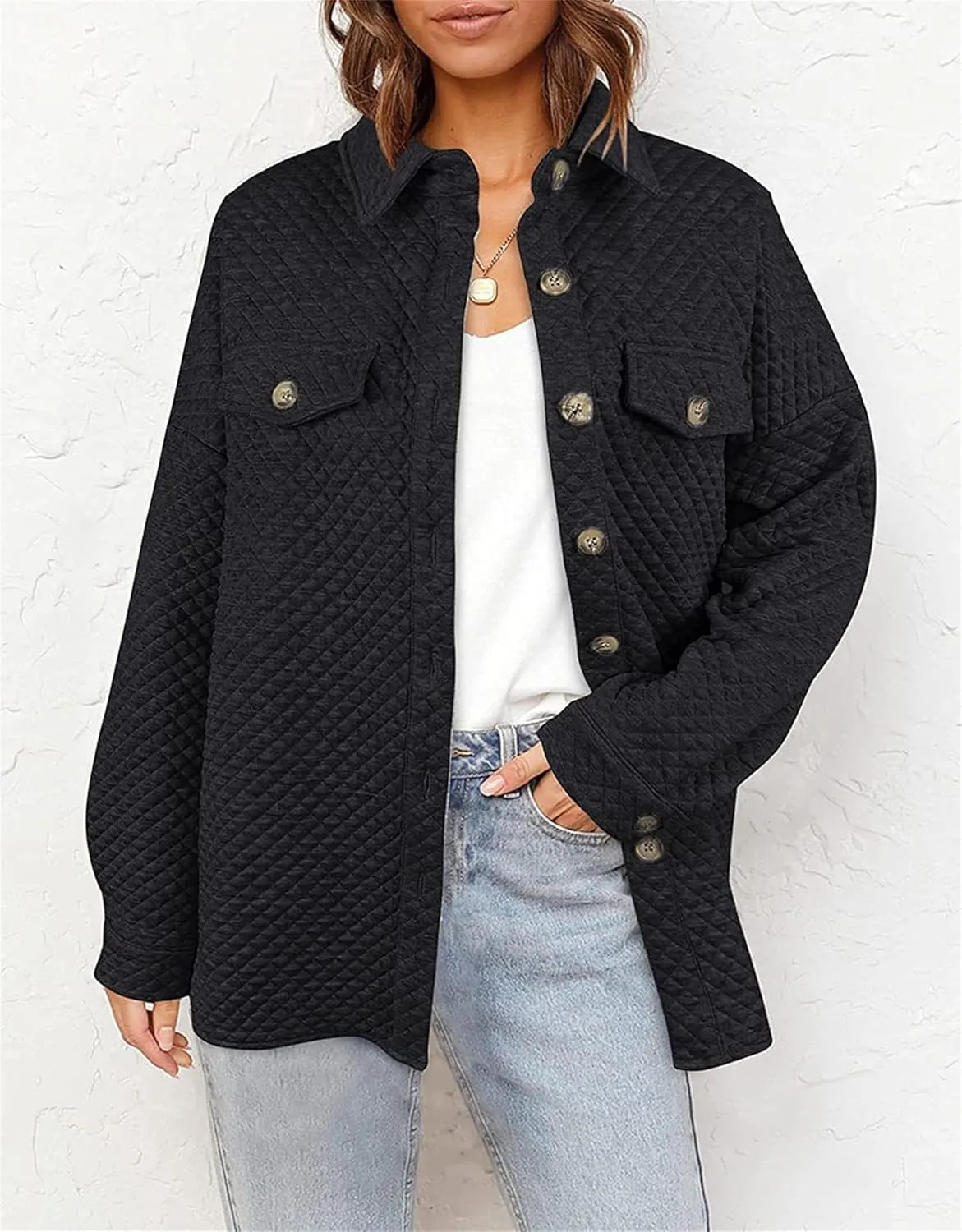 Smoneyful Womens Quilted Lightweight Jackets Casual Long Sleeve Shirts Button Down Loose Fit Coat Lapel Fall Jackets Outwear