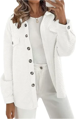 Smoneyful Womens Quilted Lightweight Jackets Casual Long Sleeve Shirts Button Down Loose Fit Coat Lapel Fall Jackets Outwear
