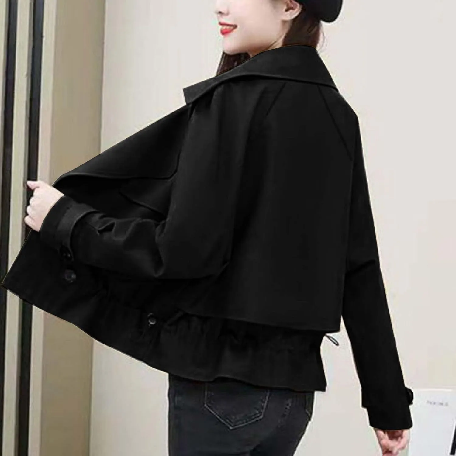 Trench Coats for Women Cropped Lapel Jackets Fashion Drawstring Double Breasted Plus Size Outerwear for Fall Winter