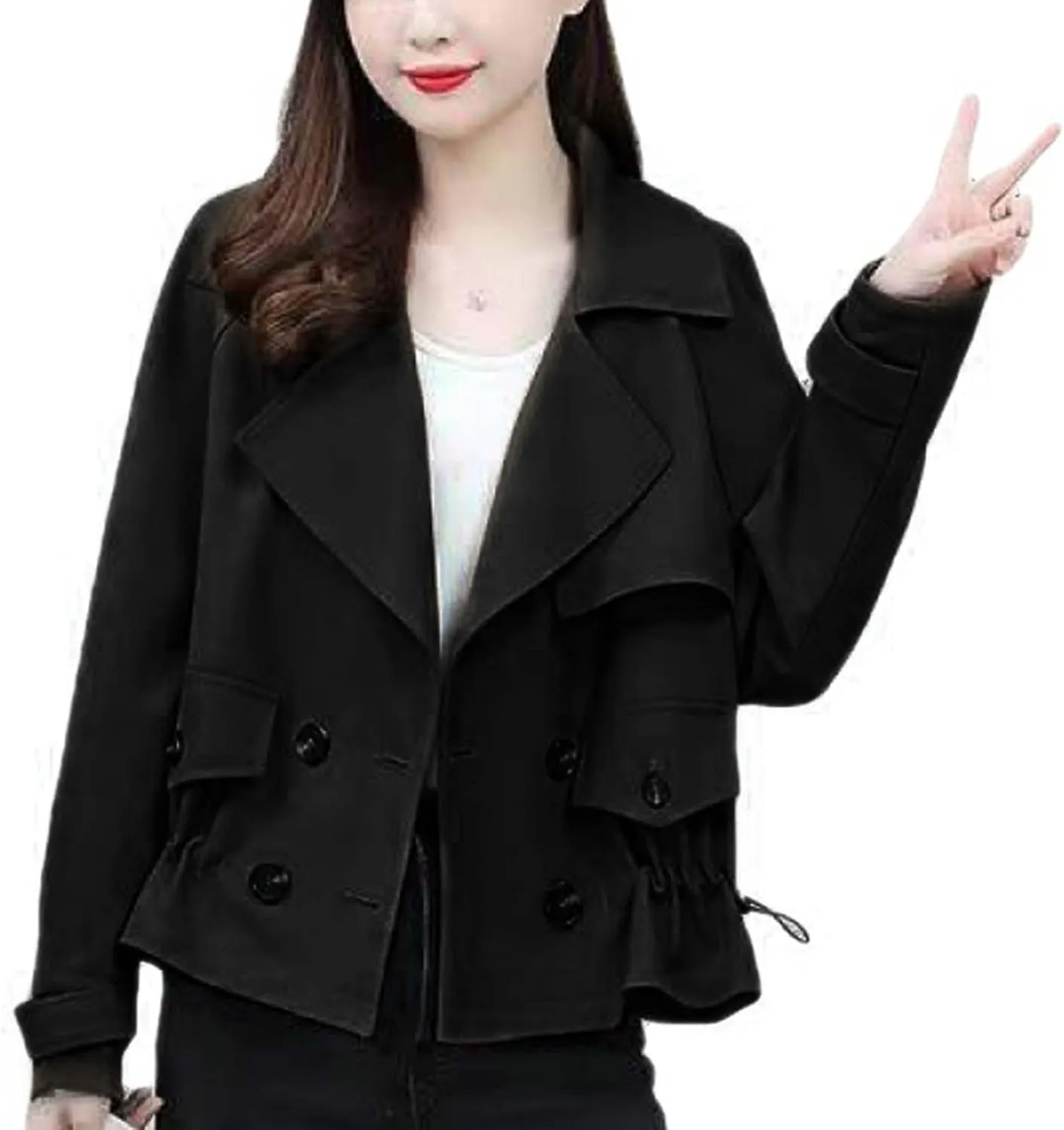 Trench Coats for Women Cropped Lapel Jackets Fashion Drawstring Double Breasted Plus Size Outerwear for Fall Winter