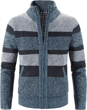 tuduoms Mens Full Zip Cardigan Thick Fleece Lined Sweater Coats Warm Winter Color Block Thermal Sweatshirts Jackets Pocket