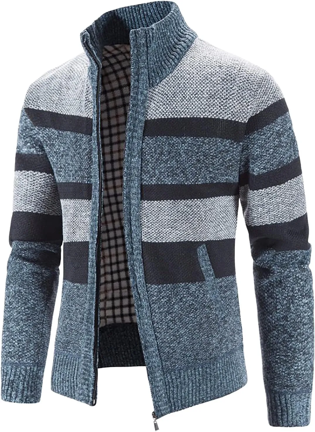 tuduoms Mens Full Zip Cardigan Thick Fleece Lined Sweater Coats Warm Winter Color Block Thermal Sweatshirts Jackets Pocket