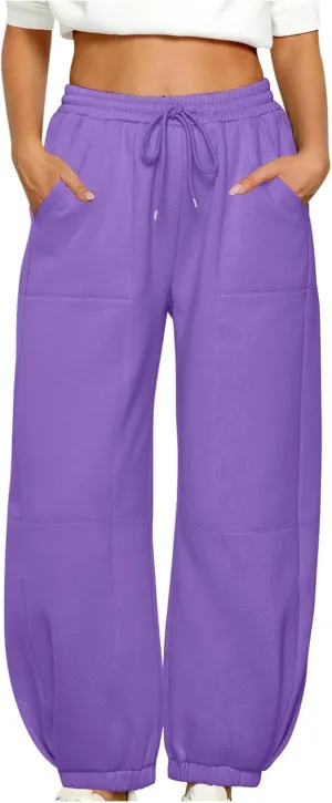 Women's Casual Baggy Sweatpants 2024 Fashion Drawstring Solid Joggers Warm Fleece Lined Loose Trousers with Pockets