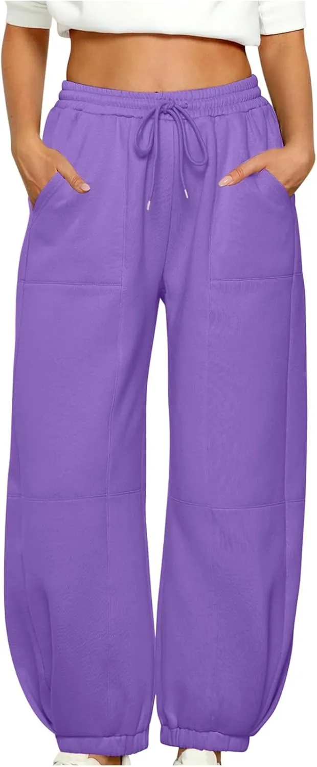 Women's Casual Baggy Sweatpants 2024 Fashion Drawstring Solid Joggers Warm Fleece Lined Loose Trousers with Pockets