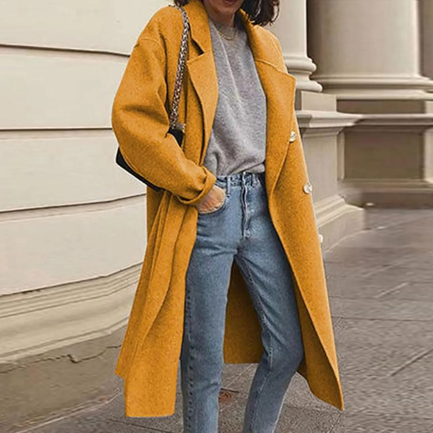 Women's Double Breasted Long Coats Plus Size Notch Lapel Peacoats Casual Open Front Overcoat Winter Trench Coats
