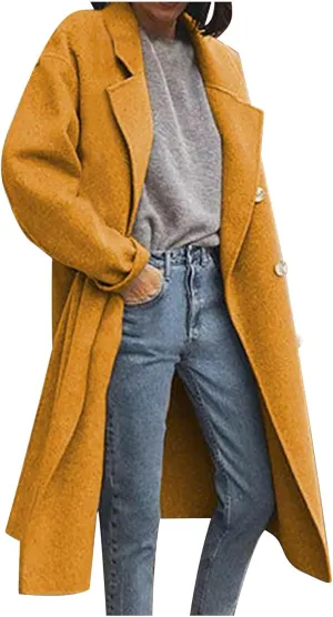 Women's Double Breasted Long Coats Plus Size Notch Lapel Peacoats Casual Open Front Overcoat Winter Trench Coats