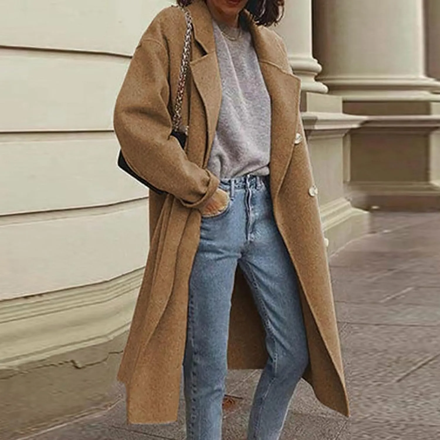 Women's Double Breasted Long Coats Plus Size Notch Lapel Peacoats Casual Open Front Overcoat Winter Trench Coats