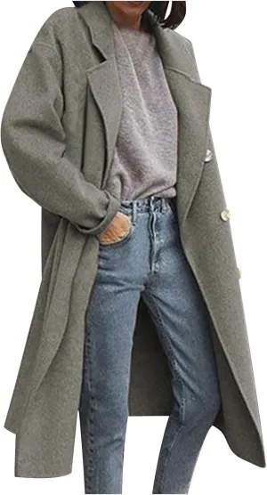 Women's Double Breasted Long Coats Plus Size Notch Lapel Peacoats Casual Open Front Overcoat Winter Trench Coats