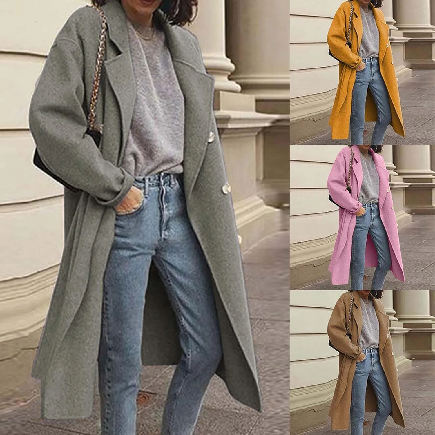 Women's Double Breasted Long Coats Plus Size Notch Lapel Peacoats Casual Open Front Overcoat Winter Trench Coats