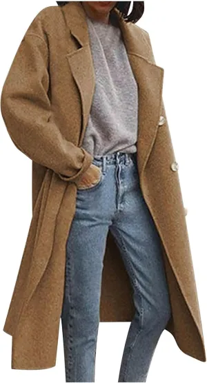 Women's Double Breasted Long Coats Plus Size Notch Lapel Peacoats Casual Open Front Overcoat Winter Trench Coats