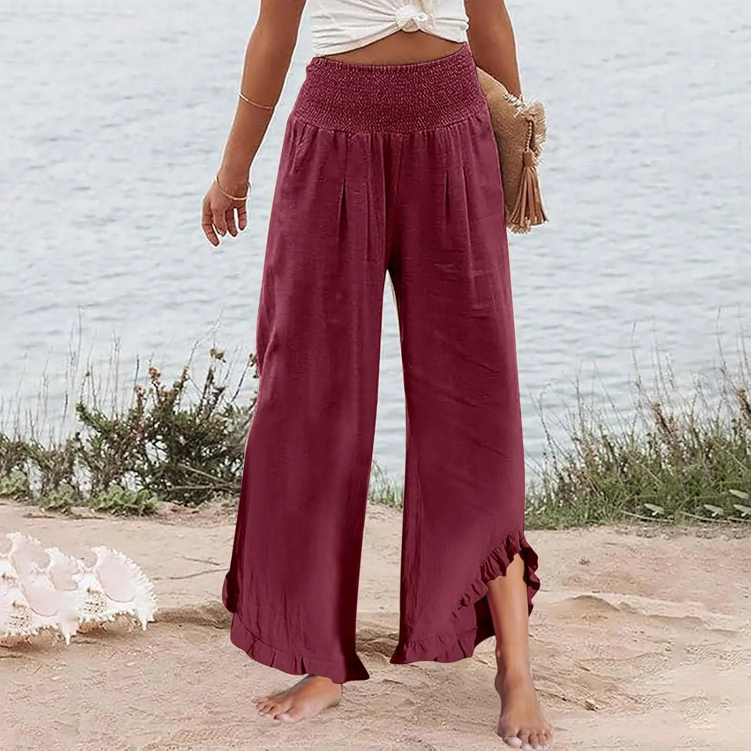 Women's Linen Palazzo Pants Summer Casual Vacation High Waist Wide Leg Trousers Trendy Lounge Pant with Pockets