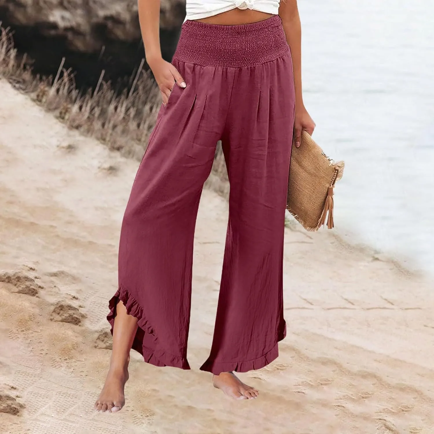 Women's Linen Palazzo Pants Summer Casual Vacation High Waist Wide Leg Trousers Trendy Lounge Pant with Pockets