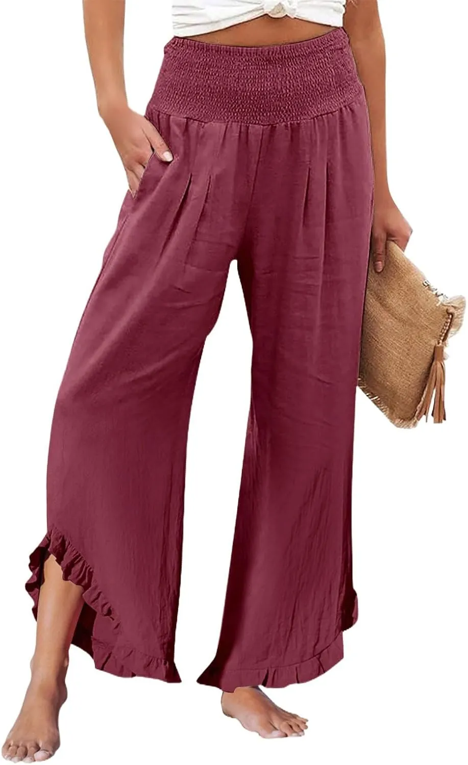 Women's Linen Palazzo Pants Summer Casual Vacation High Waist Wide Leg Trousers Trendy Lounge Pant with Pockets