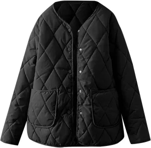 Womens Oversized Lightweight Quilted Jacket 2024 Fall Winter Warm Down Coat Casual Button Padded Outwear with Pocket