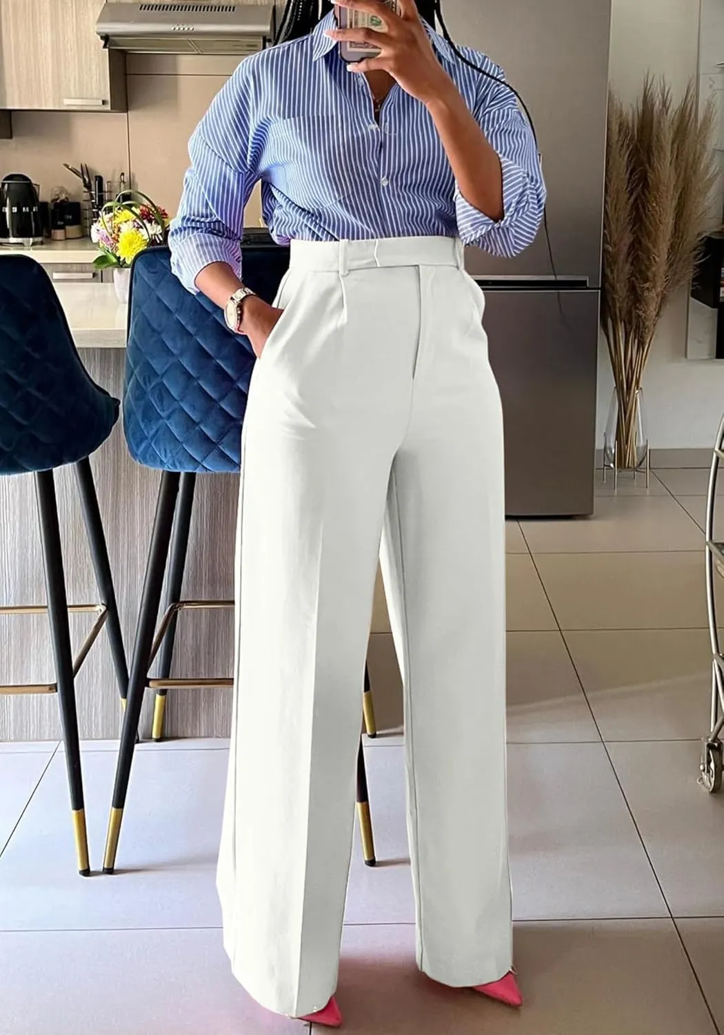 Women's Wide Leg Dress Pants High Waisted Straight Leg Office Casual Trousers with Pockets Work Office Palazzo Pants