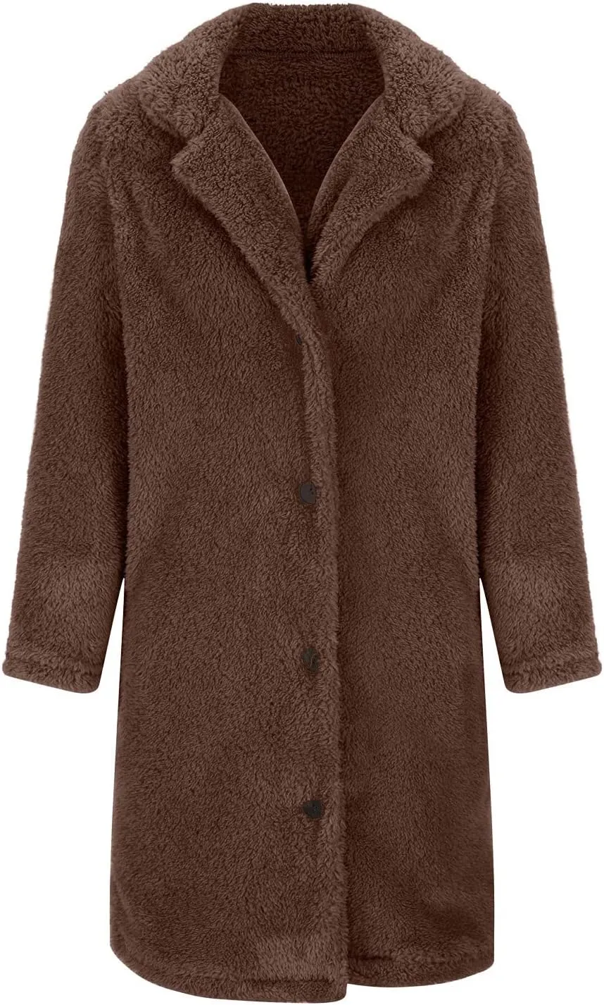 Womens Winter Coats Sherpa Fleece Overcoat Lapel Button Teddy Bear Jackets Warm Plush Mid Length Plus Size Outerwear