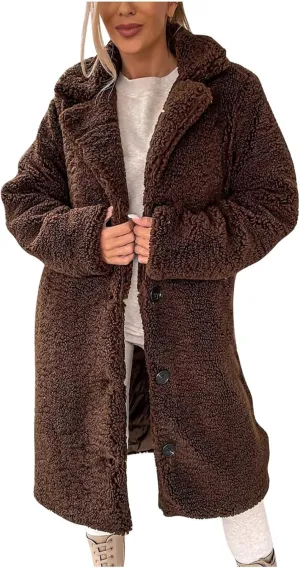 Womens Winter Coats Sherpa Fleece Overcoat Lapel Button Teddy Bear Jackets Warm Plush Mid Length Plus Size Outerwear