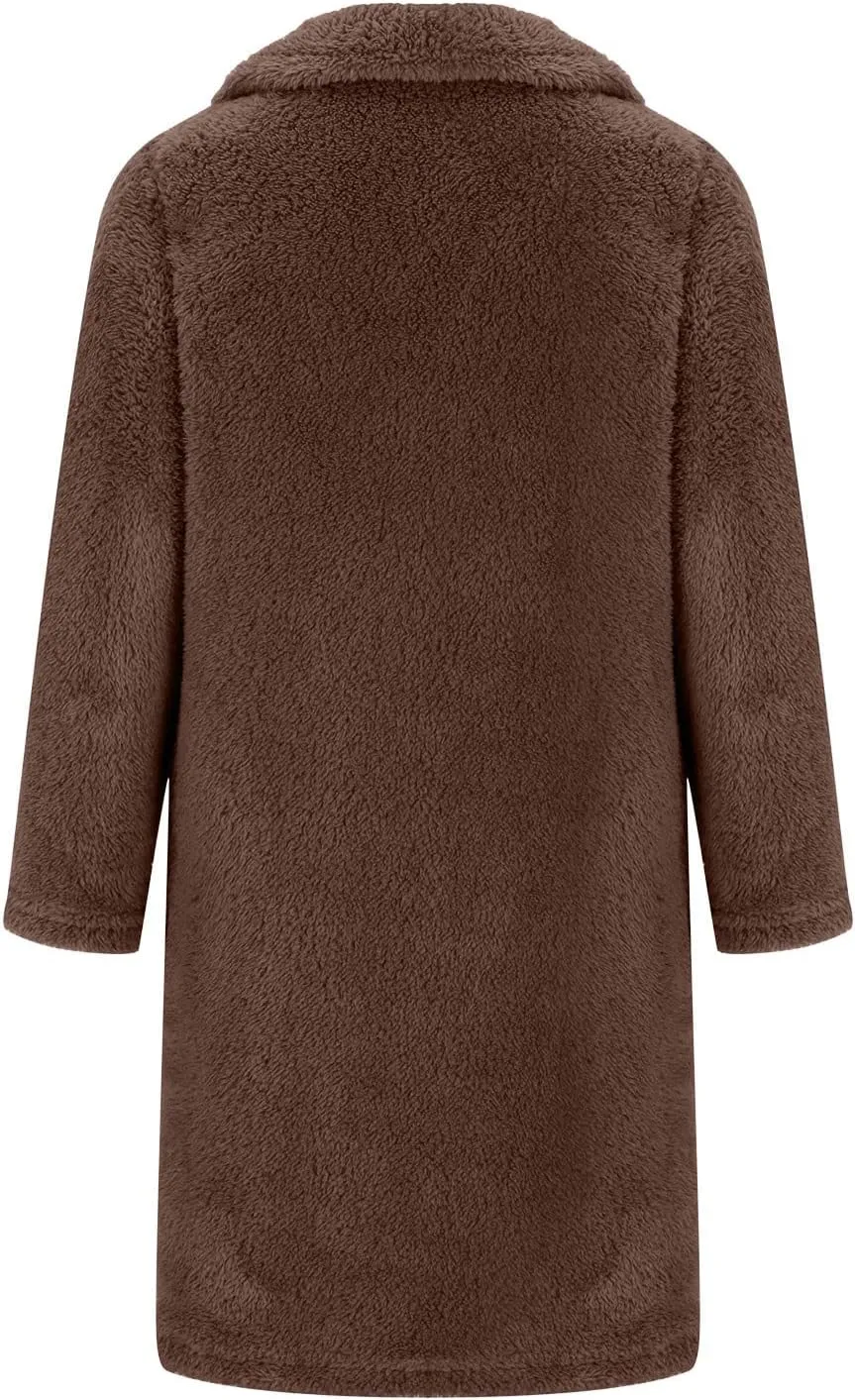 Womens Winter Coats Sherpa Fleece Overcoat Lapel Button Teddy Bear Jackets Warm Plush Mid Length Plus Size Outerwear
