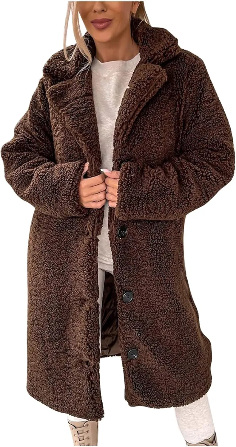 Womens Winter Coats Sherpa Fleece Overcoat Lapel Button Teddy Bear Jackets Warm Plush Mid Length Plus Size Outerwear
