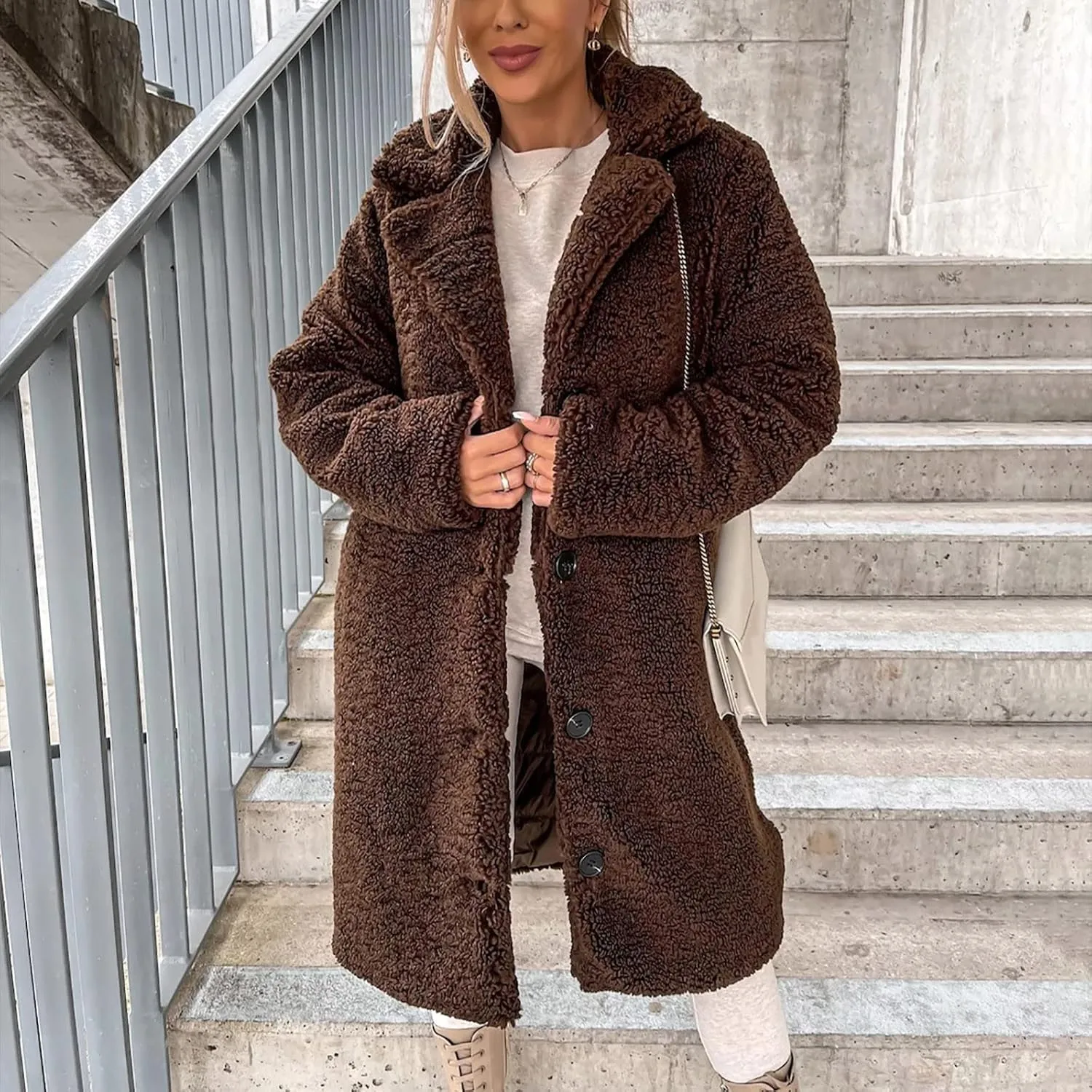 Womens Winter Coats Sherpa Fleece Overcoat Lapel Button Teddy Bear Jackets Warm Plush Mid Length Plus Size Outerwear