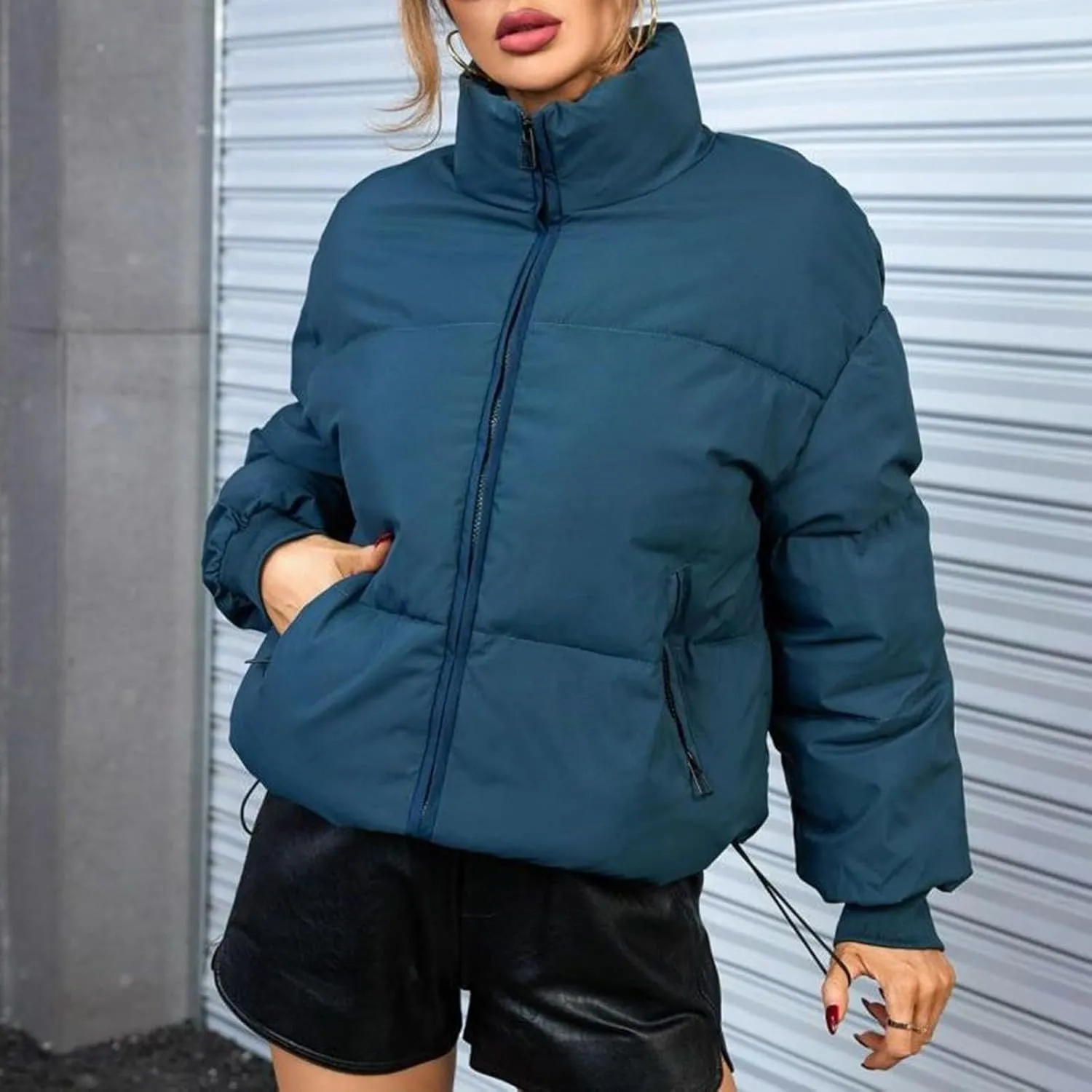 Womens Winter Quilted Jackets Casual Long Sleeve Full Zip Puffer Jacket Fashion Versatile Outing Down Coat Warm Outwear