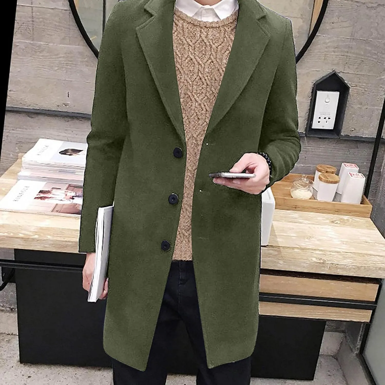 Ymosrh Winter Coats for Men Formal Single Breasted Figuring Overcoat Long Wool Warm Jacket Outwear Jackets