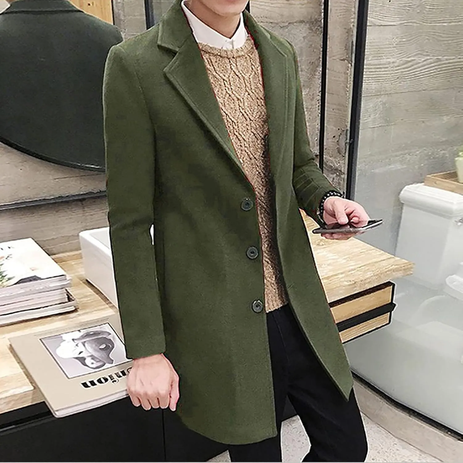 Ymosrh Winter Coats for Men Formal Single Breasted Figuring Overcoat Long Wool Warm Jacket Outwear Jackets