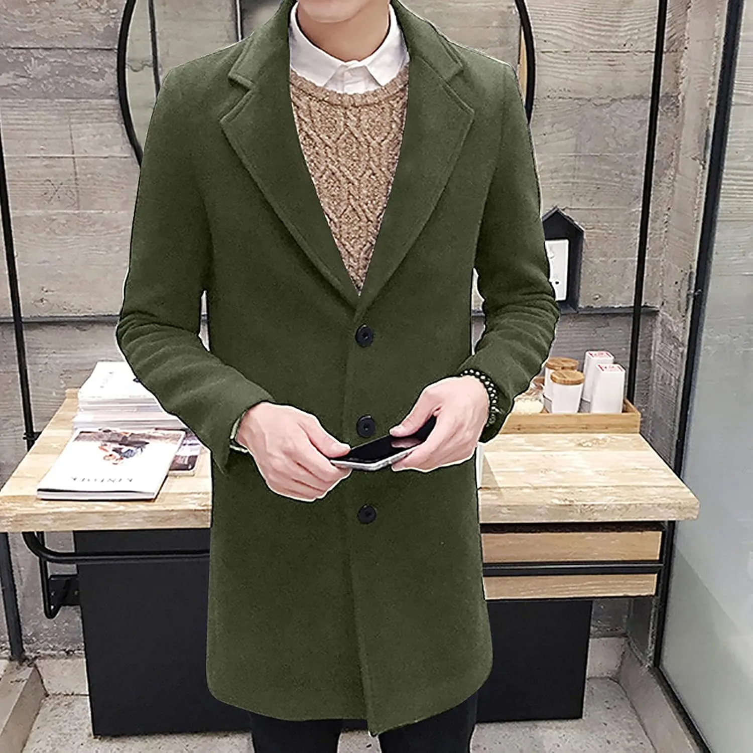 Ymosrh Winter Coats for Men Formal Single Breasted Figuring Overcoat Long Wool Warm Jacket Outwear Jackets